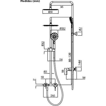 Columna de grifería para ducha monomando Stillo Hades oro rociador mural 2 vías Ø250mm maneral de 3 funciones moleteado