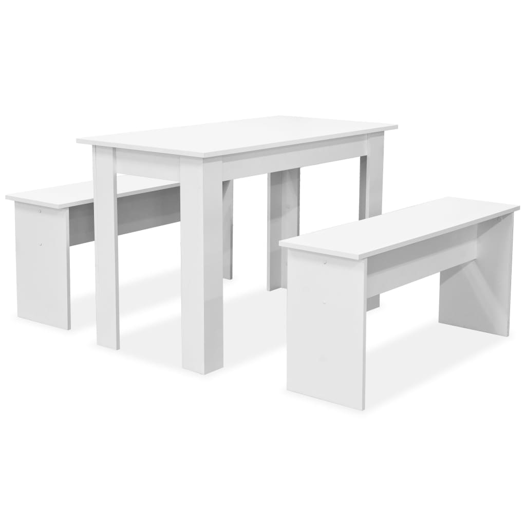 Mesa De Comedor Y Bancos 3 Piezas Madera Contrachapada Blanca
