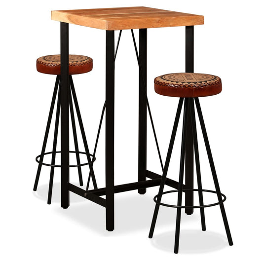 Mesa Y Taburetes Bar Madera Maciza Acacia Cuero Real Y Lona