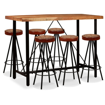 Mesa Y Taburetes Bar Madera Maciza Acacia Cuero Real Y Lona