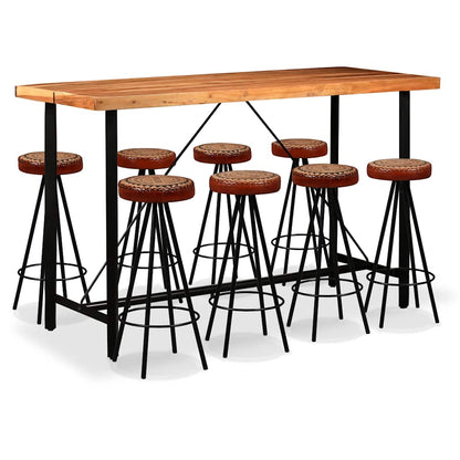 Mesa Y Taburetes Bar Madera Maciza Acacia Cuero Real Y Lona