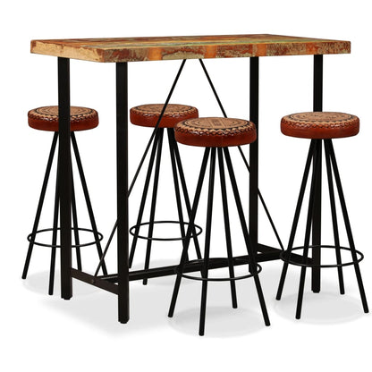 Mesa Y 2 Taburetes Bar Madera Maciza Reciclada Cuero Real Lona