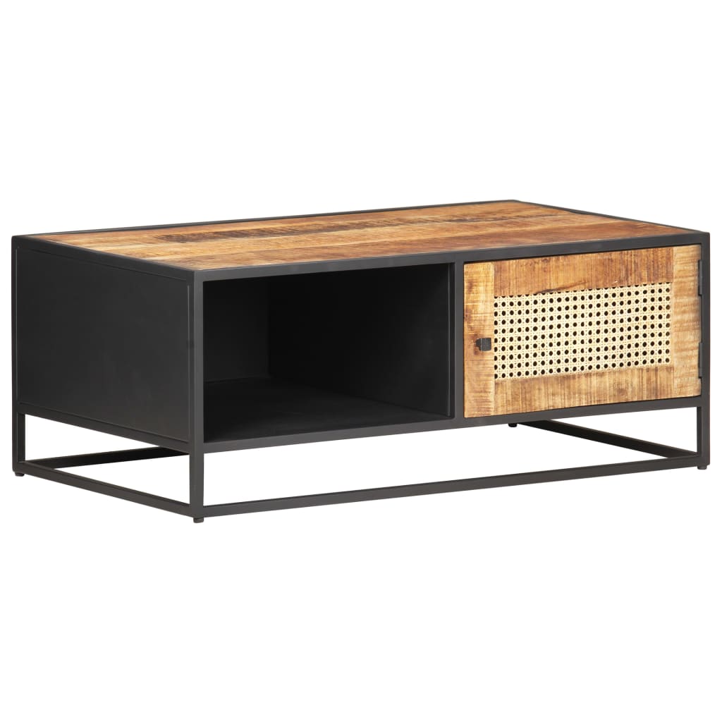 Mesa De Centro Madera De Mango Rugosa Y Caña Natural 90X50X35Cm