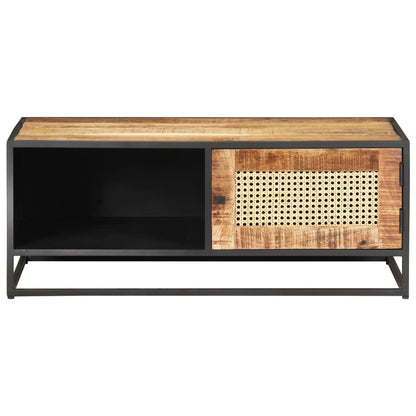 Mesa De Centro Madera De Mango Rugosa Y Caña Natural 90X50X35Cm