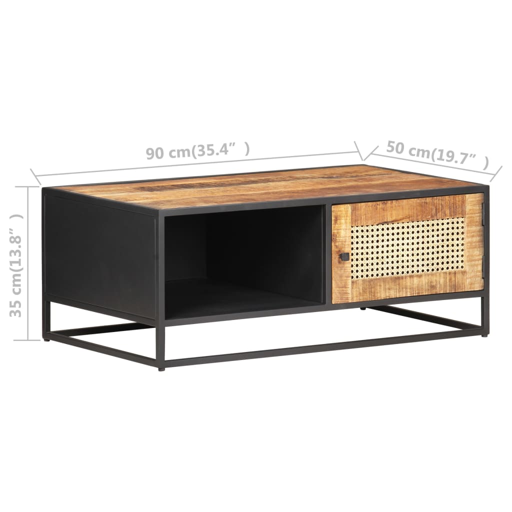 Mesa De Centro Madera De Mango Rugosa Y Caña Natural 90X50X35Cm
