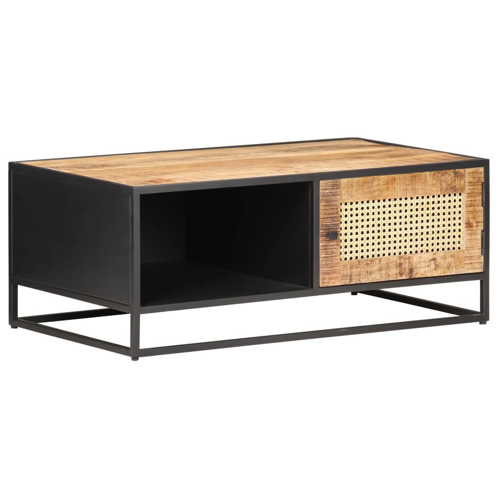Mesa De Centro Madera De Mango Rugosa Y Caña Natural 90X50X35Cm