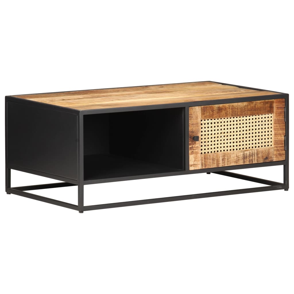 Mesa De Centro Madera De Mango Rugosa Y Caña Natural 90X50X35Cm