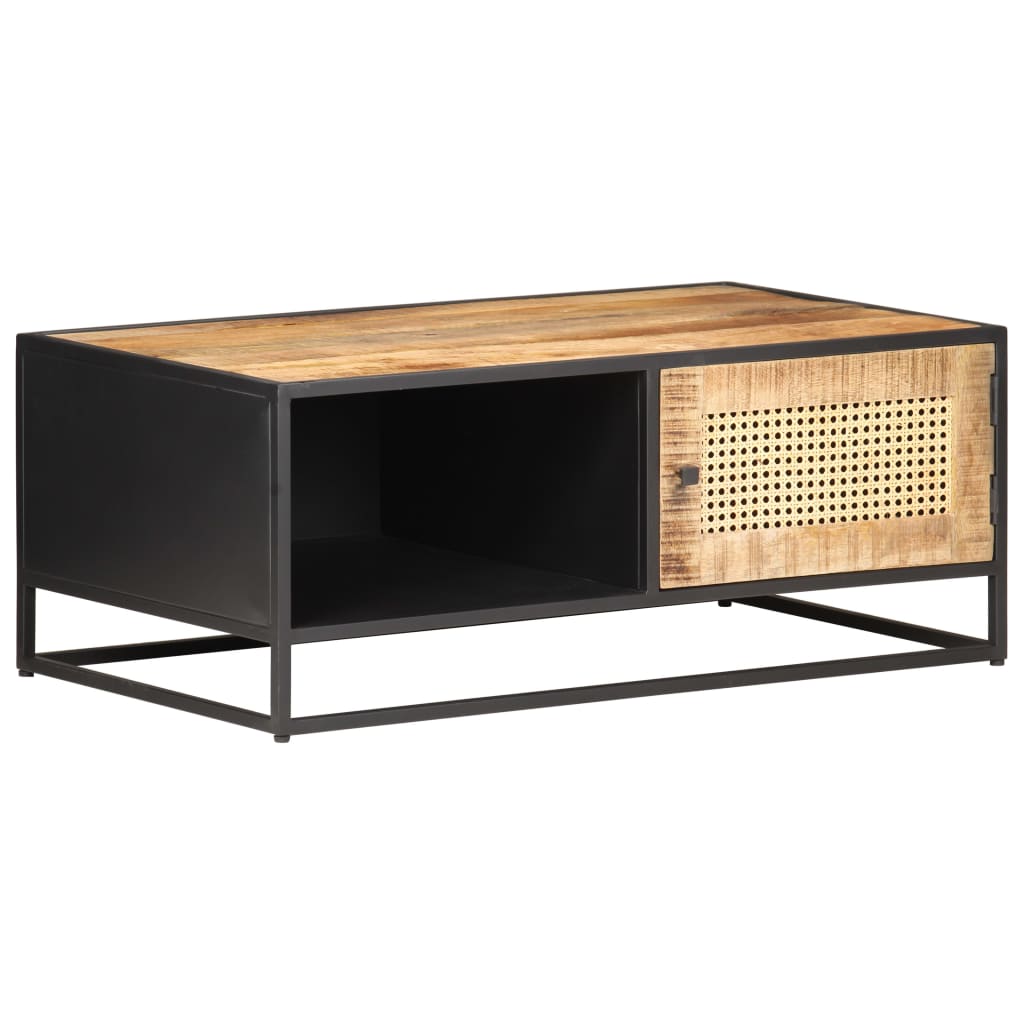 Mesa De Centro Madera De Mango Rugosa Y Caña Natural 90X50X35Cm