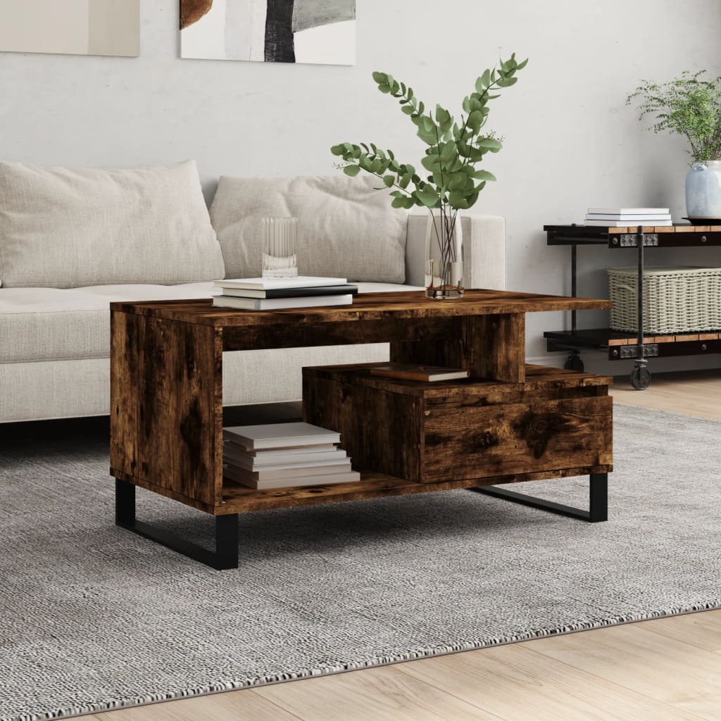 Mesa De Centro Madera Contrachapada Roble Marrón 90X49X45 Cm
