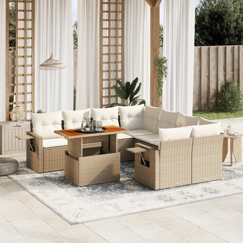 Set De Sofás De Jardín Con Cojines 9 Pzas Ratán Sintético Beige