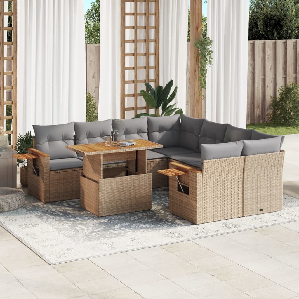 Set De Sofás De Jardín 9 Pzas Con Cojines Ratán Sintético Beige