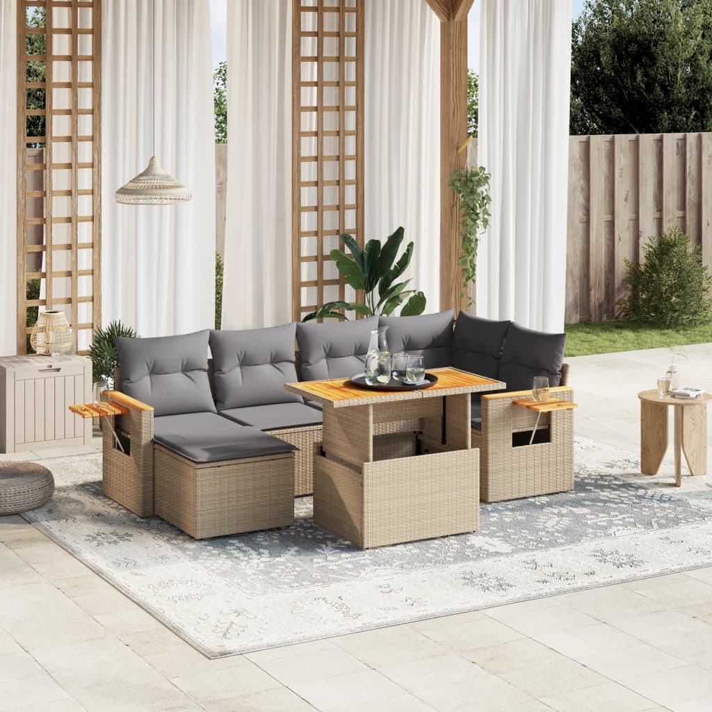 Set Sofás De Jardín 7 Piezas Y Cojines Ratán Sintético Beige
