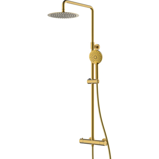 Columna de grifería para ducha termostático Stillo Hades oro rociador mural 2 vías Ø250mm maneral de 3 funciones