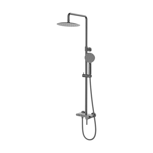 Columna de grifería para ducha monomando Stillo Hades gun metal rociador mural 2 vías Ø250mm maneral de 3 funciones con repisa