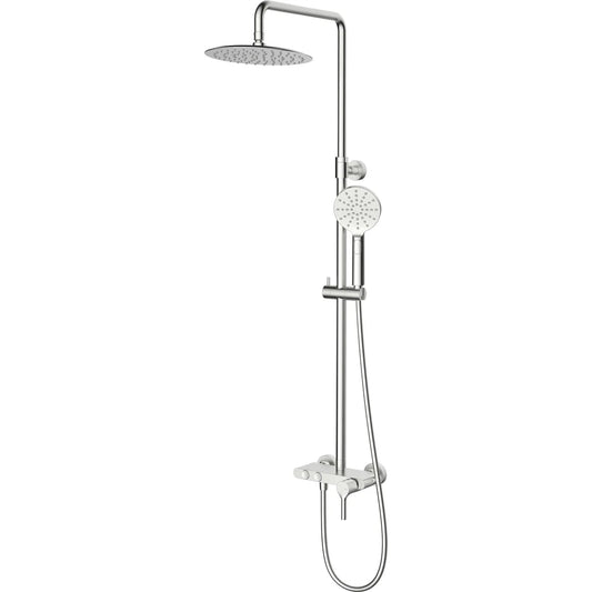 Columna de grifería para ducha monomando Stillo Hades apariencia acero inoxidable rociador mural 2 vías Ø250mm maneral de 3 funciones con repisa